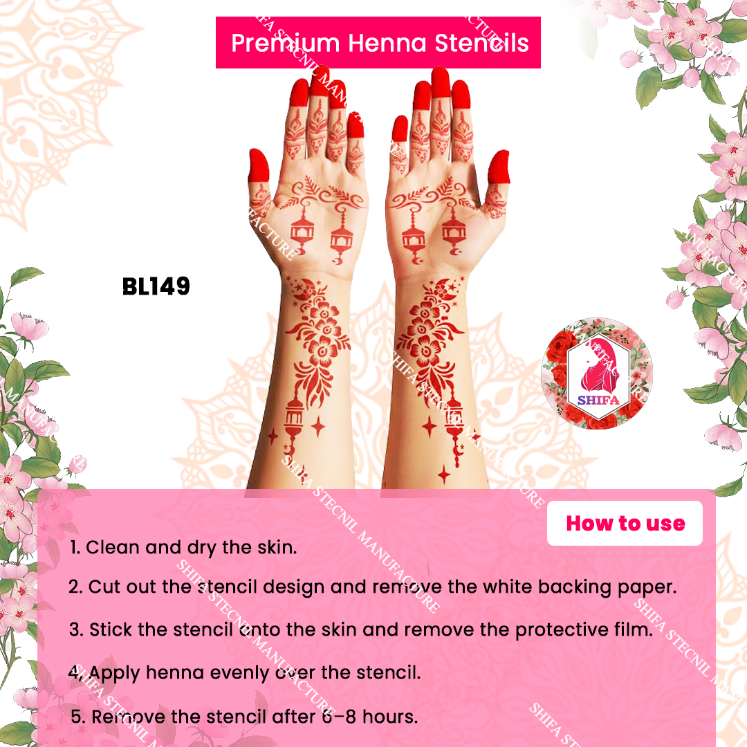 BL149 Crescent Noor Floral Cascade Double Hand Henna Stencil